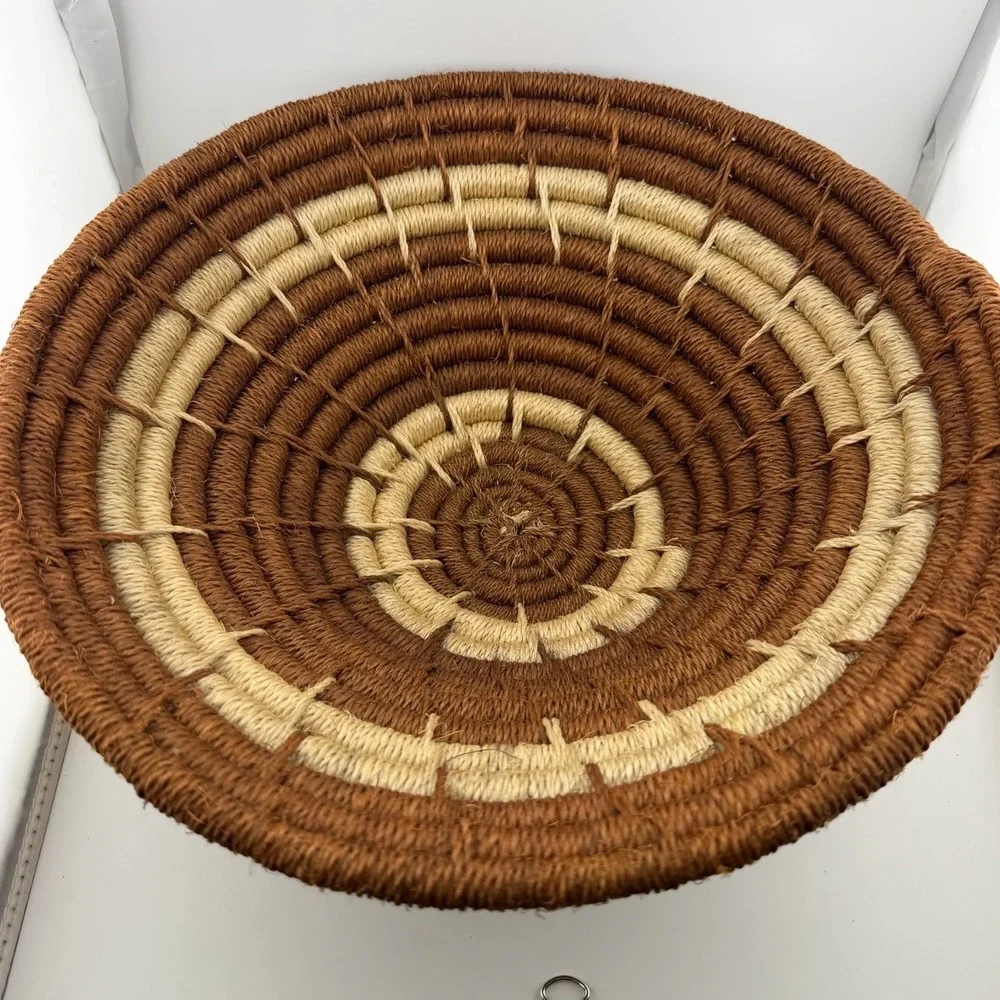 Handwoven Coiled Basket Bowl Brown Cream Boho Wall Decor Excellent